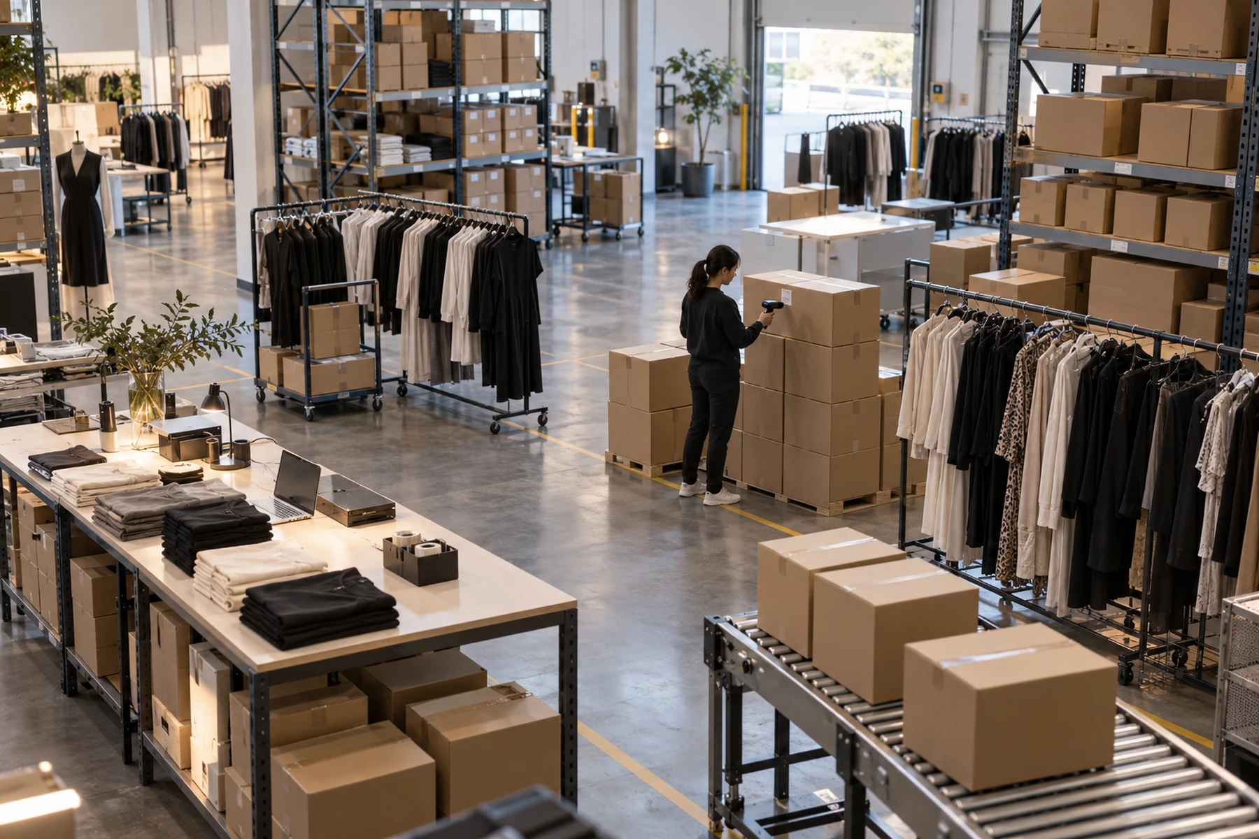 Fashion distribution space with garment rails, packed cartons and a logistics specialist